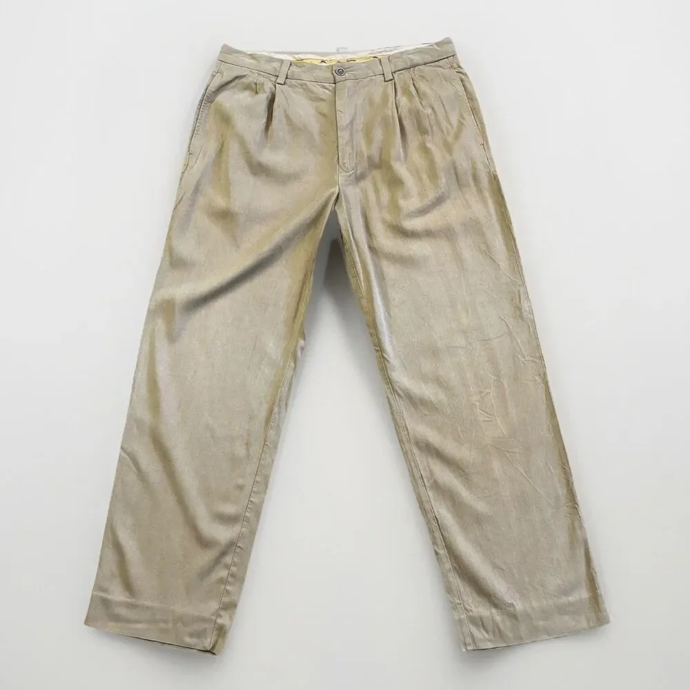Tommy Bahama Silk Blend Pants Men's Size 34x30 Khaki Casual Beach Pleated